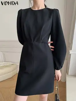 VONDA Kadın Parti Elbise 2023 Yaz Bahar Rahat Düz Renk Mini Sundress Zarif Uzun Puf Kollu Gevşek Pilili Elbise Femme