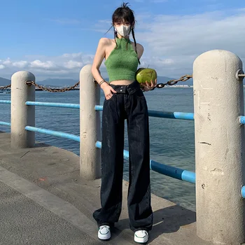 Yüksek Sokak Retro İki aşınma Ters Bel Tasarım Şalvar Kot Yüksek Belli Kot kadınlar için Geniş Bacak Düz Kot kot pantolon