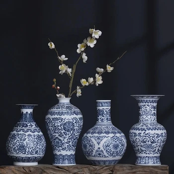 Seramik Vazo Mavi Ve Beyaz İnce Gövdeli Porselen Ev Klasik Raf Yatak Odası Oturma Odası Çin Masa Jingdezhen Süsler