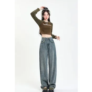 Yüksek Bel Kot Bayan Yaz Vintage Düz Baggy kot pantolon Streetwear Amerikan Tarzı Moda Geniş Bacak Kot Pantolon