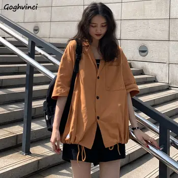 Gömlek Kadın Streetwear Moda Düz Renk Basit Japon Tarzı Gevşek Unisex Tek Göğüslü Büzgü Turn-aşağı Yaka Harajuku
