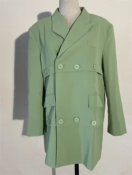 2023 Bahar Yeşil Kore Blazers Bayan Çentikli Yaka Uzun Kollu Asimetrik Katı Casual Blazer Kadın Giyim