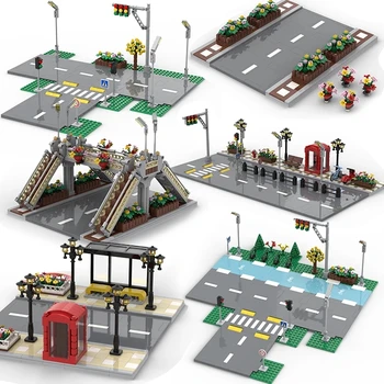 MOC Blokları Şehir Arkadaş Sokak Görünümü Plaka Trafik ışıkları işareti Yol Tabanı Uyumlu Demiryolu Köprüsü yapı tuğlaları DIY Çocuk Oyuncakları