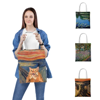 Komik Kullanımlık alışveriş çantası Moda Kadın bez alışveriş çantası Yağ Baskı Eko Çanta Karikatür Alışveriş omuz çantaları Kadın İçin
