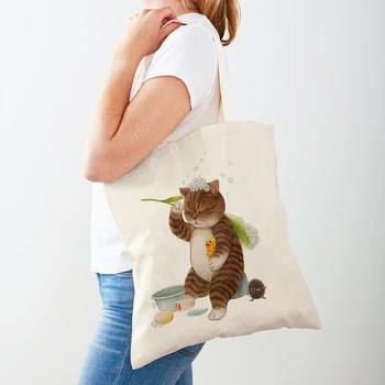 Komik Kedi Bayan alışveriş çantası Her İki Taraflı Baskı Moda Karikatür Pet Hayvan Seyahat Tote Kadınlar için Alışveriş çantaları omuz çantası