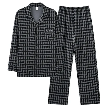 Büyük Boy L-4XL Sonbahar örme Pamuklu Pijama Seti Uzun Kollu Pijama Ekose Gece Takım Elbise Pijama Gecelik