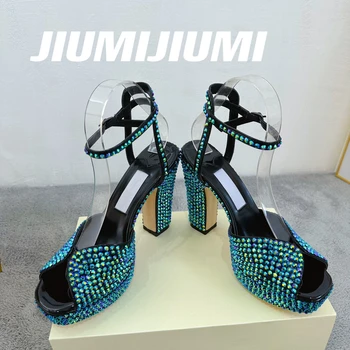 JİUMİJİUMİ Deri El Yapımı Yaz Ayakkabı Kadın Peep Toes Yüksek Topuklu platform sandaletler Renkli Kristal Geri Kayış Düğün Ayakkabı